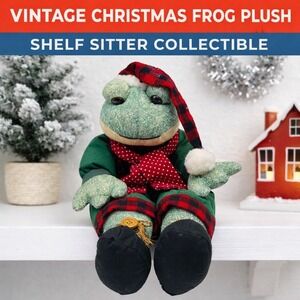 Vintage Christmas Frog Plush Shelf Sitting Frog Buffalo Plaid Hat Red Scarf